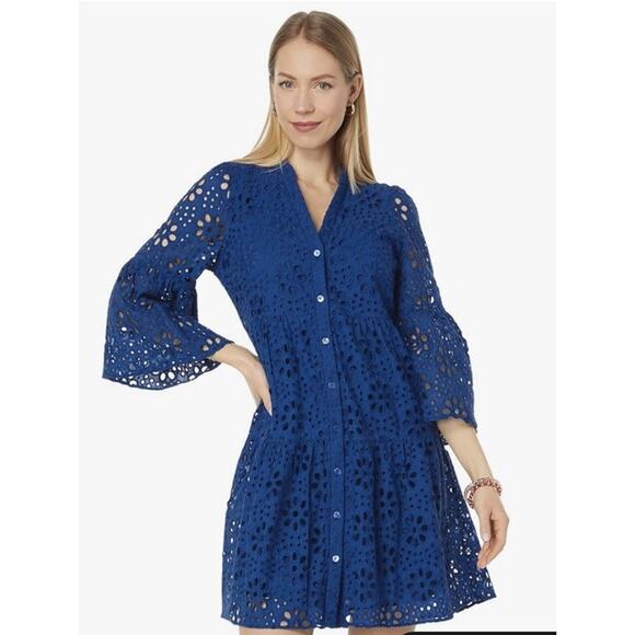 LILLY PULITZER Navy Oyster Bay Hazelanne Eyelet Sunflower Button Front Dress 16 - Picture 2 of 14